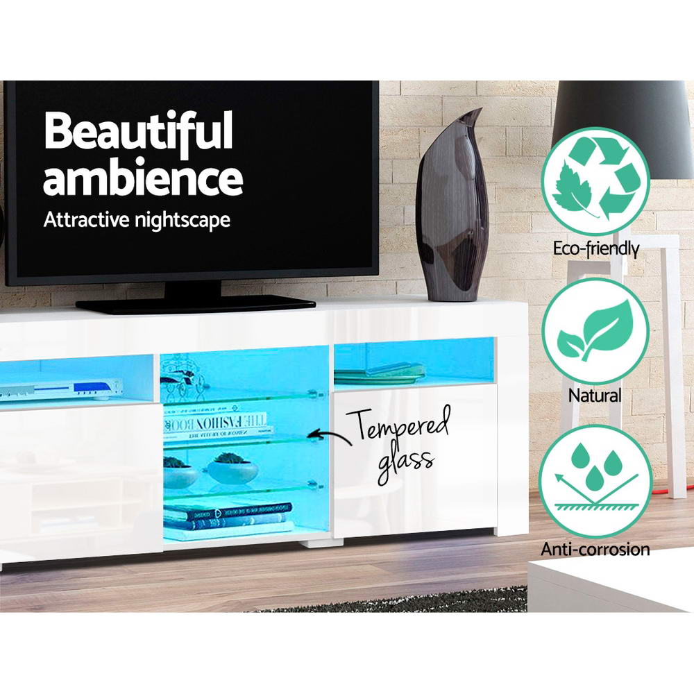 White TV entertainment cabinet with blue LED light and tempered-glass and eco icons