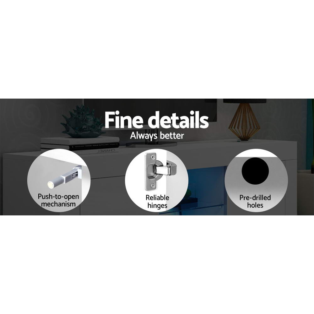 White TV entertainment cabinet with hinge and push-to-open hardware detail icons