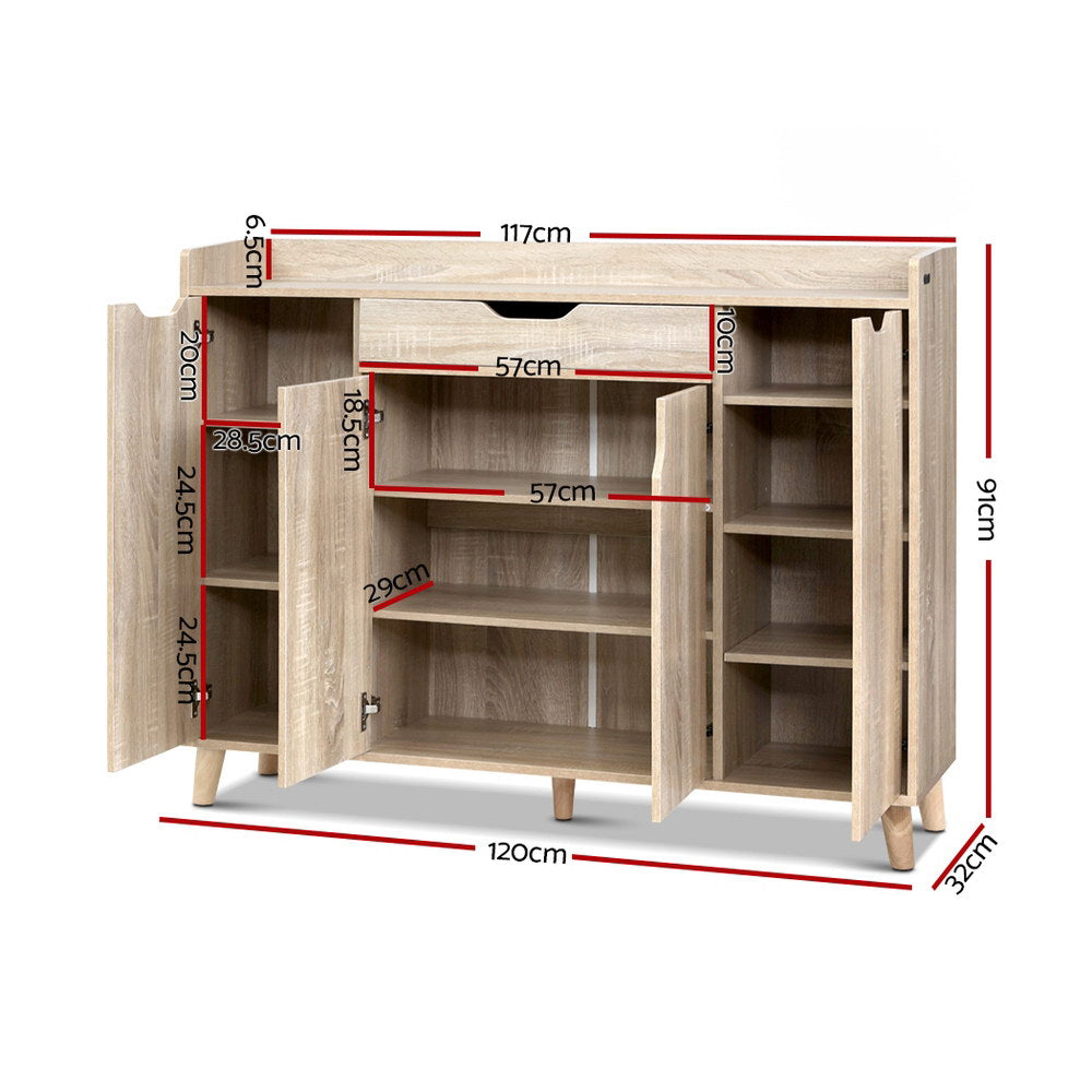 Open shoe cabinet showing interior shelves and door compartments, with size diagram