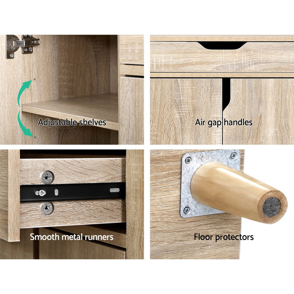 Shoe cabinet hardware close-up: adjustable shelves, metal runners, handles, floor protectors