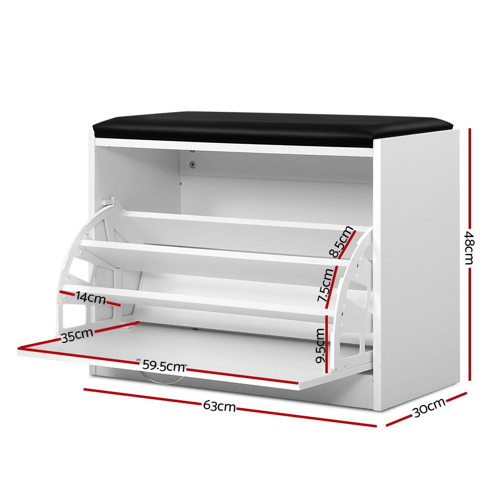 White shoe rack cabinet bench, open shelves with adjustable dividers, black top