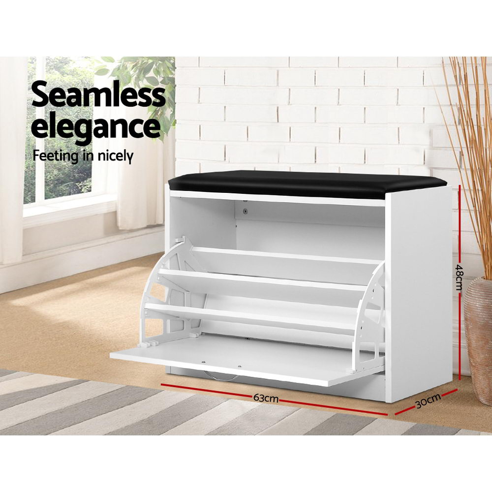 White shoe rack cabinet bench with black top, curved side panels, open 2-level shelving