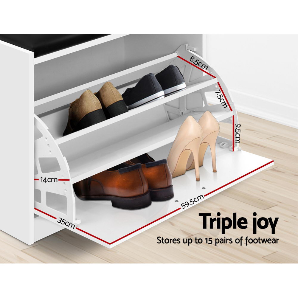 White shoe rack cabinet bench showing three shoe shelves under black padded top
