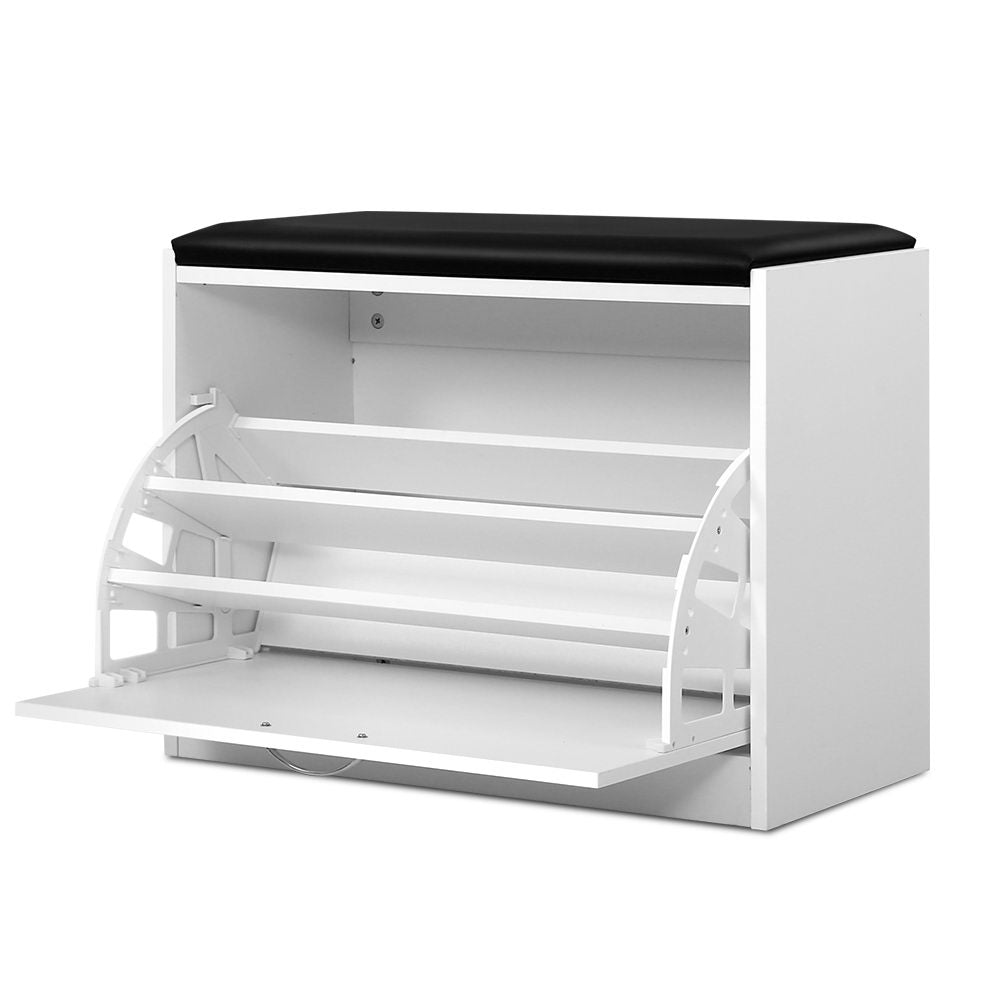 White shoe rack cabinet bench with black padded top and open front shelving system