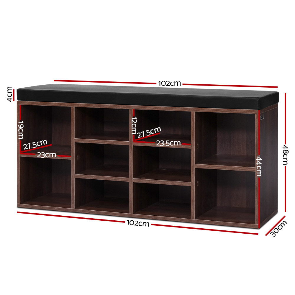 Walnut shoe rack cabinet bench with black padded top and front cube compartments