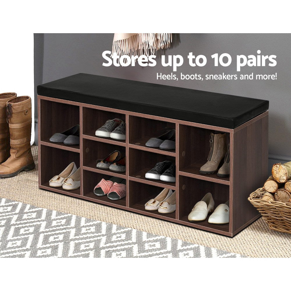 Walnut shoe rack cabinet bench with black padded top and 10 open cubbies