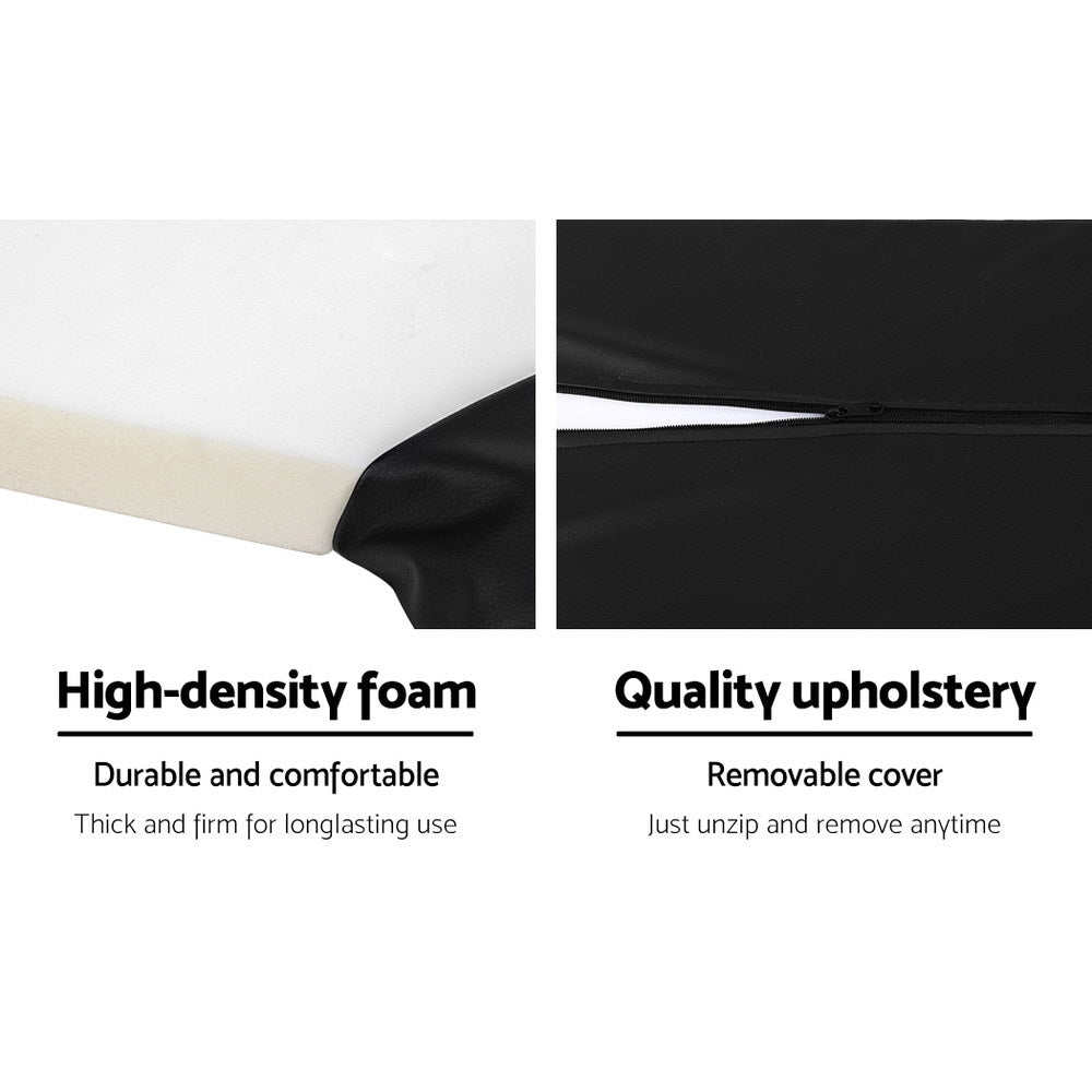 Padded black bench seat with upholstered top and smooth fabric cover