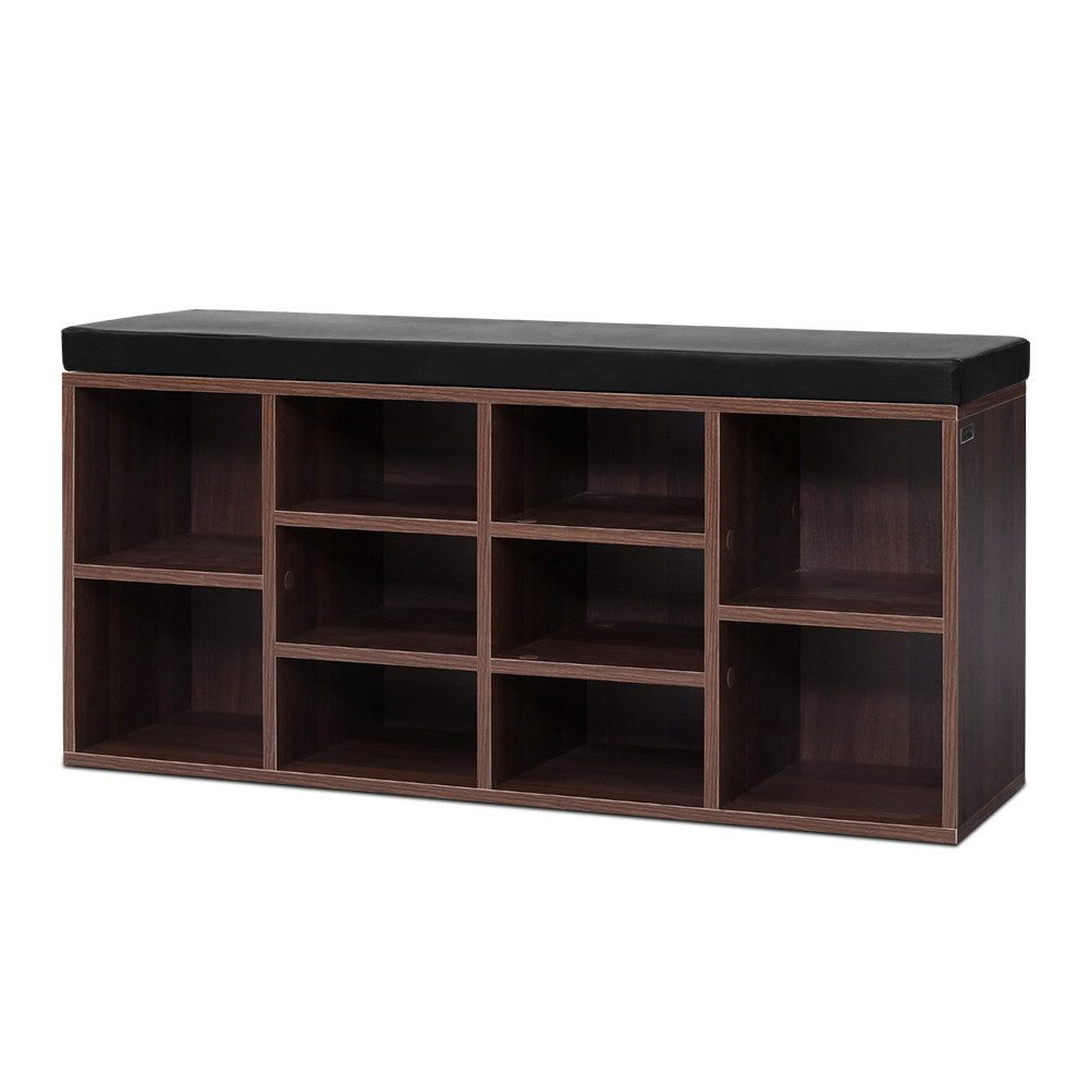 Walnut shoe rack cabinet bench with black padded top and open cube storage compartments