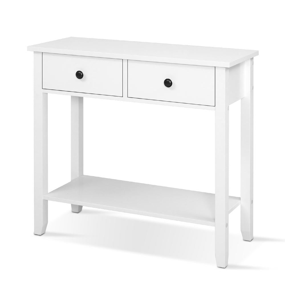 White console table with two drawers and a lower open storage shelf