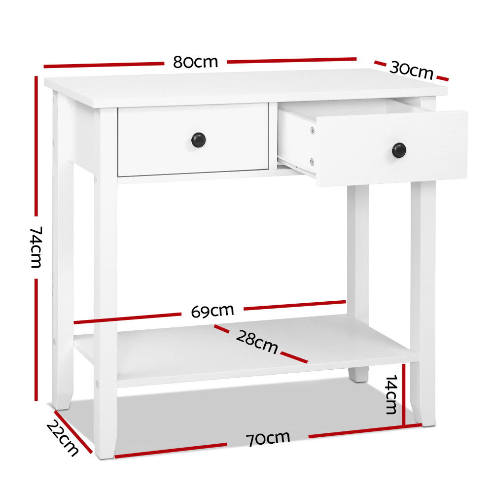 White console table diagram showing overall dimensions and drawer and shelf sizes