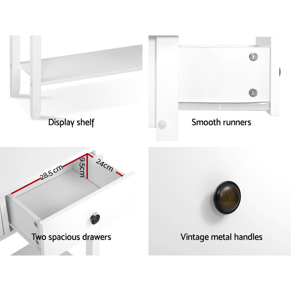 Console table features diagram: display shelf, two drawers, smooth runners, metal handles