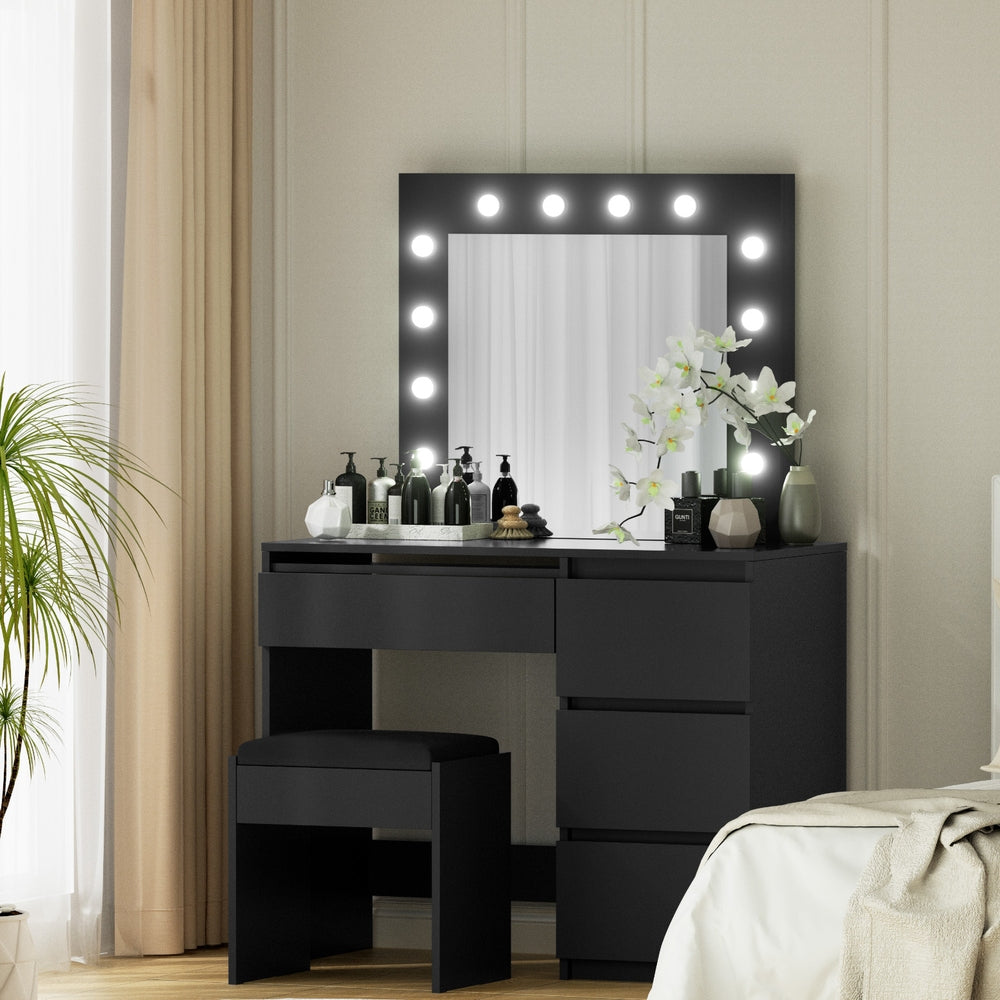 Artiss Dressing Table Set Stool 12 Led Bulbs Black