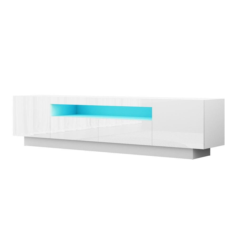 White TV entertainment unit with open center shelf and blue LED strip inside