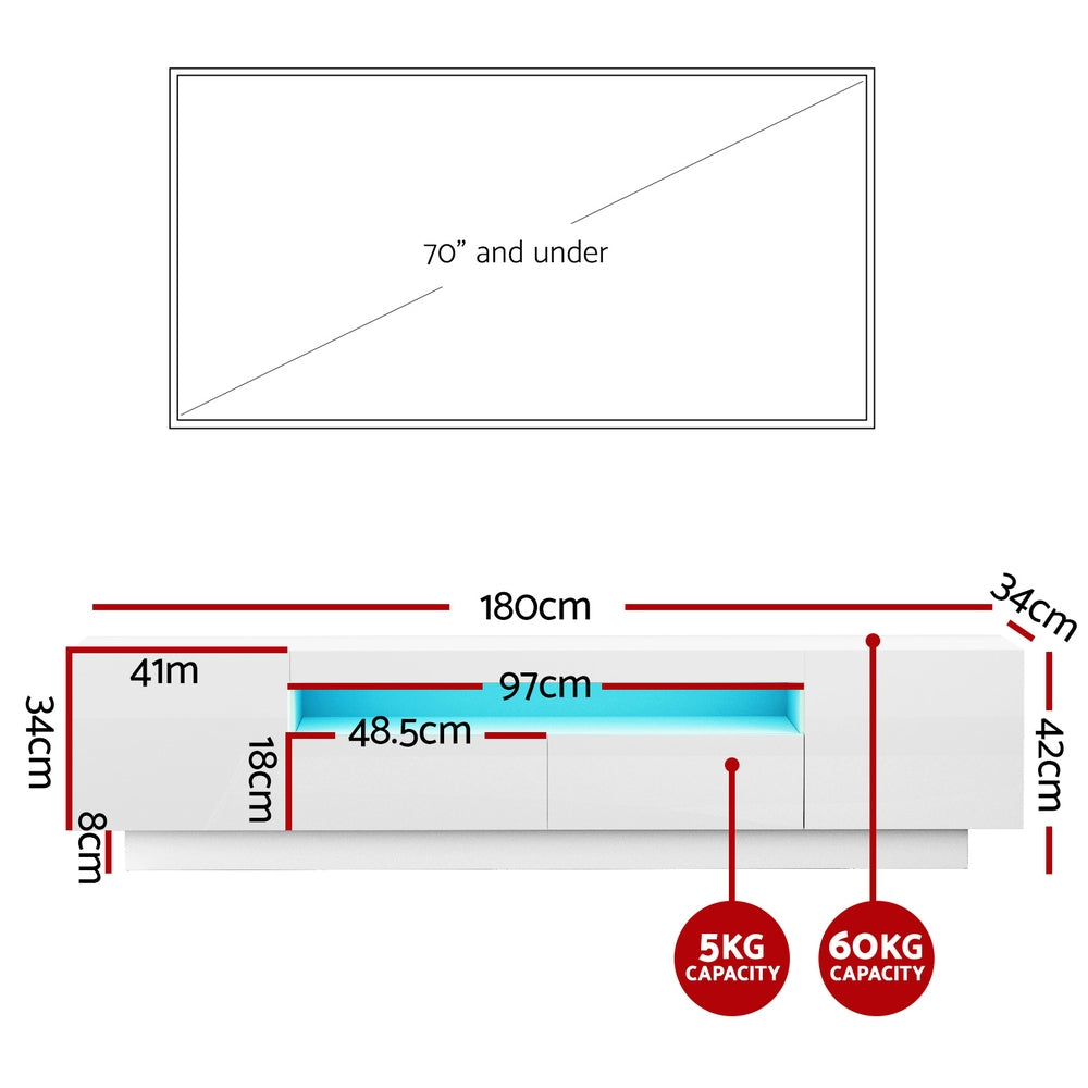 TV unit dimension diagram with height, width, and weight capacity callouts