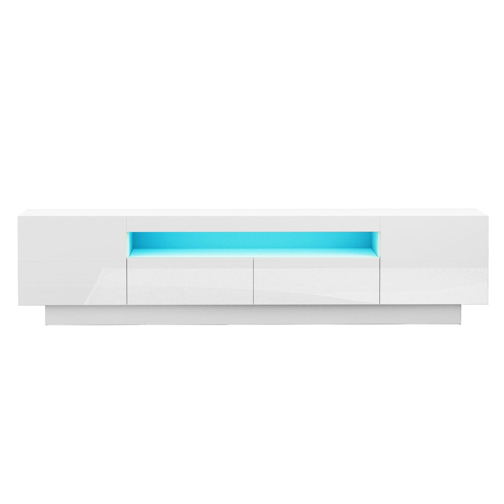 White TV entertainment unit with central open shelf and blue LED strip behind doors