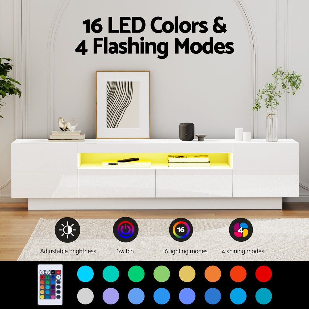 White TV entertainment unit front with LED color options and flashing mode controls