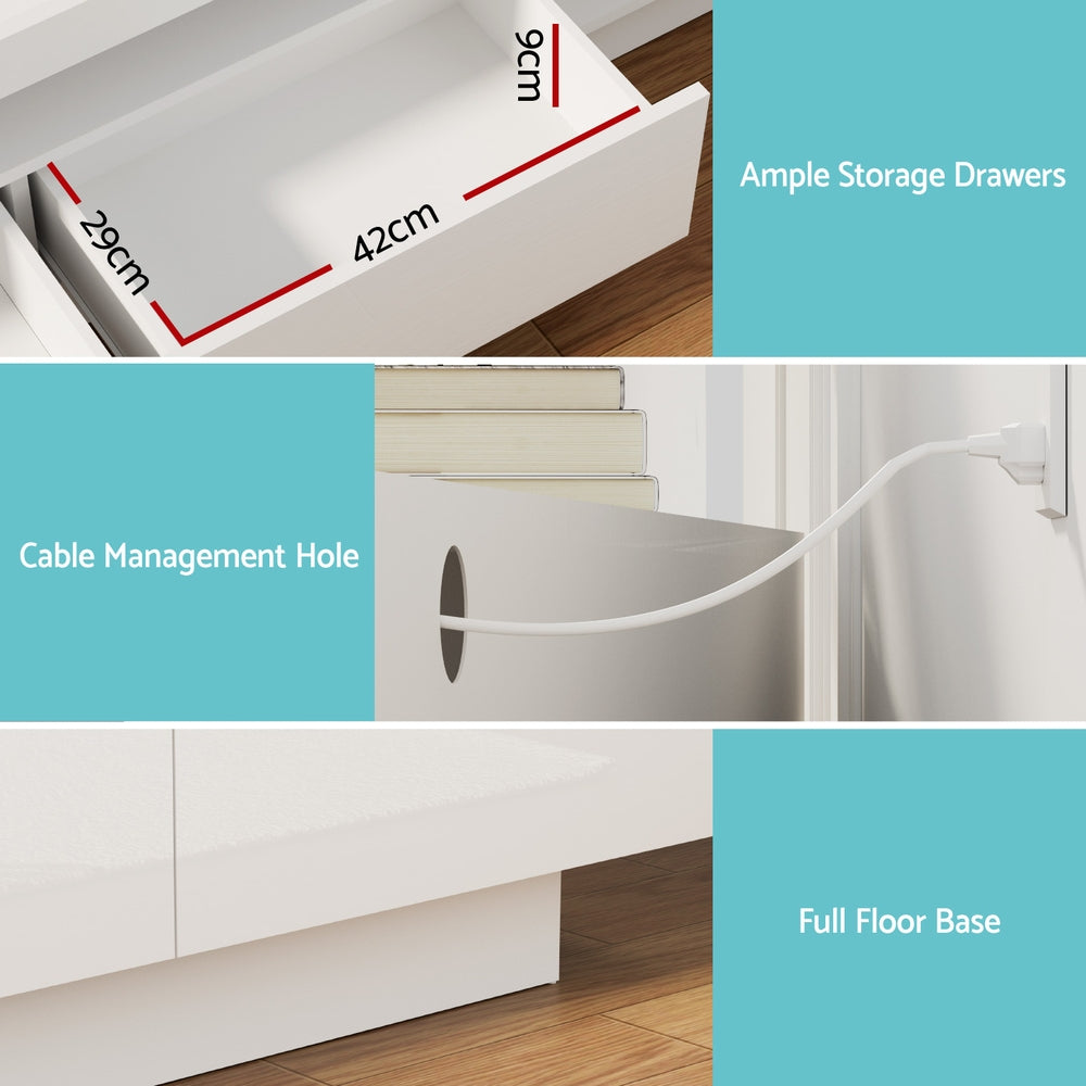 White TV unit showing cable management hole and full floor base