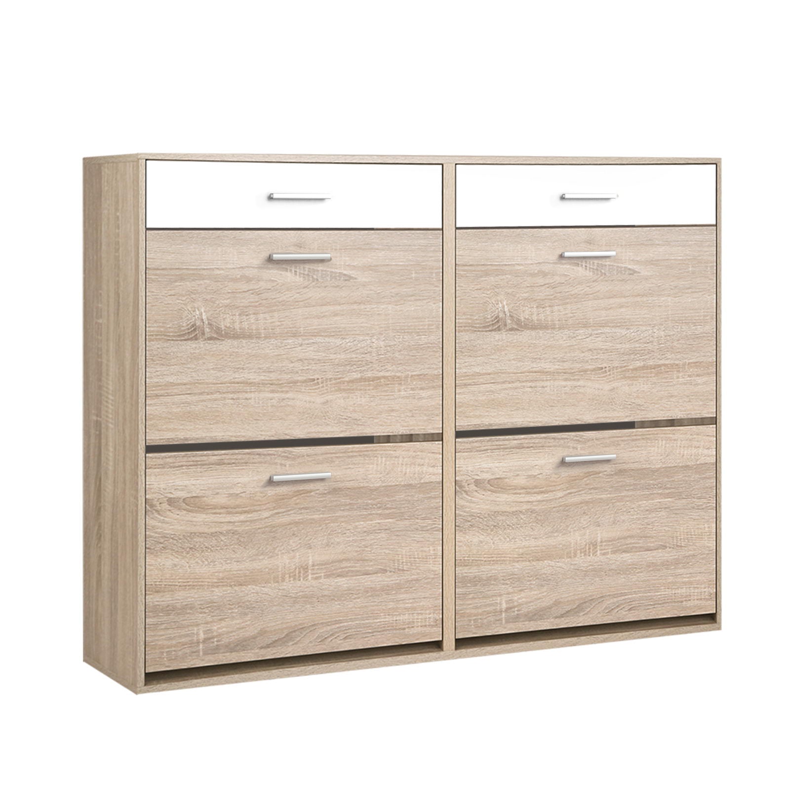 Wood shoe cabinet with two drawers and four cabinet doors, light wood finish