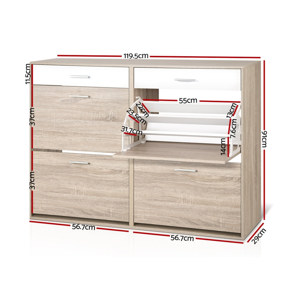Wood shoe cabinet with open shelves and two drawers, front view with dimensions