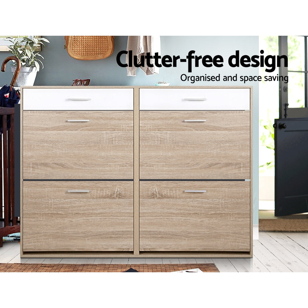 Wood shoe cabinet with two drawers and four doors, light wood finish