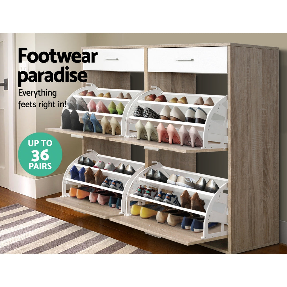 Wood shoe rack cabinet with open compartments and adjustable shelves, with drawers