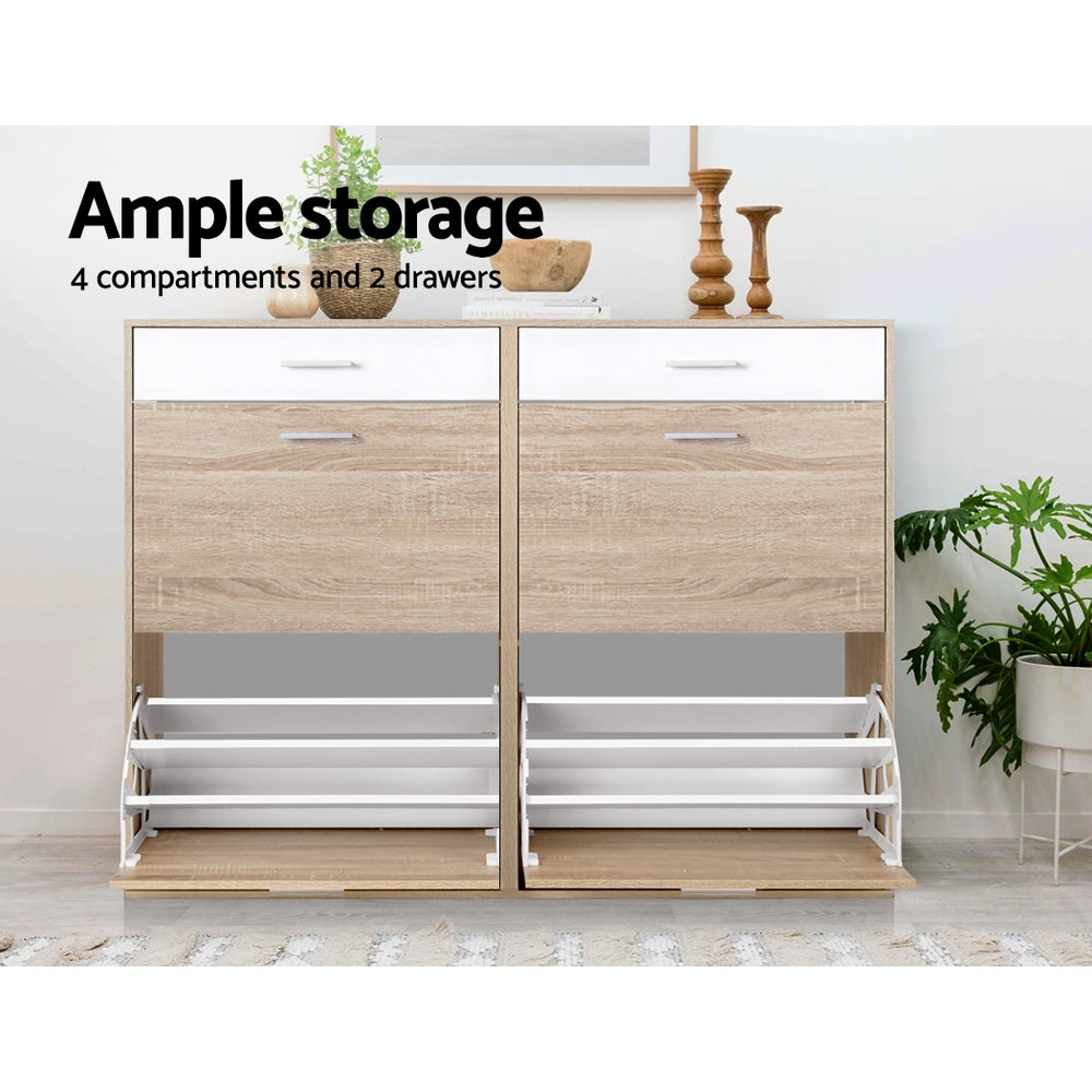 Wood shoe cabinet with open doors and adjustable shelves, two drawers on top