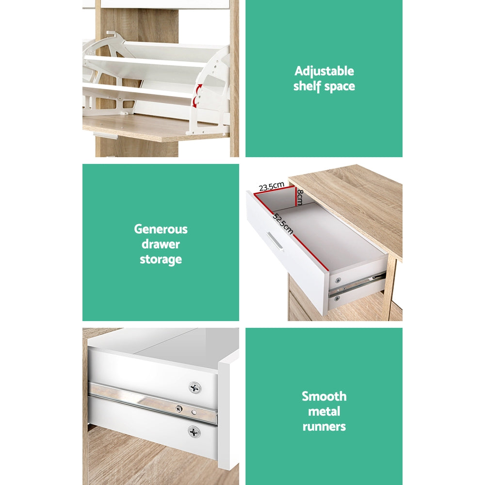 Shoe cabinet close-ups showing adjustable shelf, drawer storage, and smooth metal runners