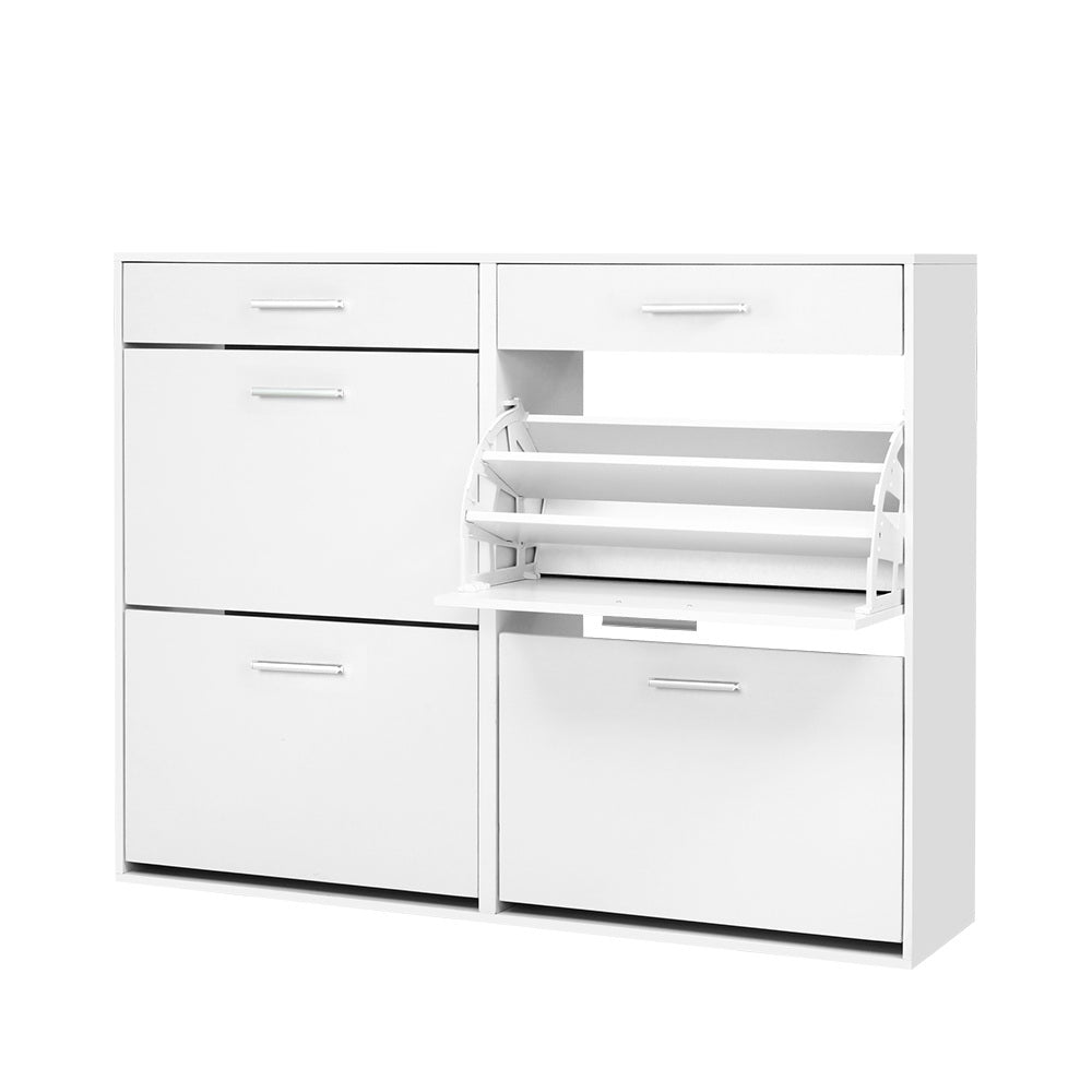 White shoe rack cabinet with open adjustable shelves and two drawer compartments