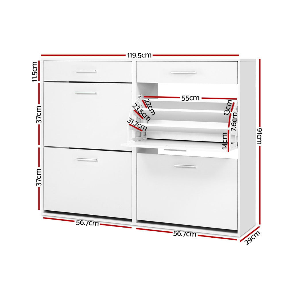 White shoe rack cabinet size diagram with drawers and adjustable shelf space
