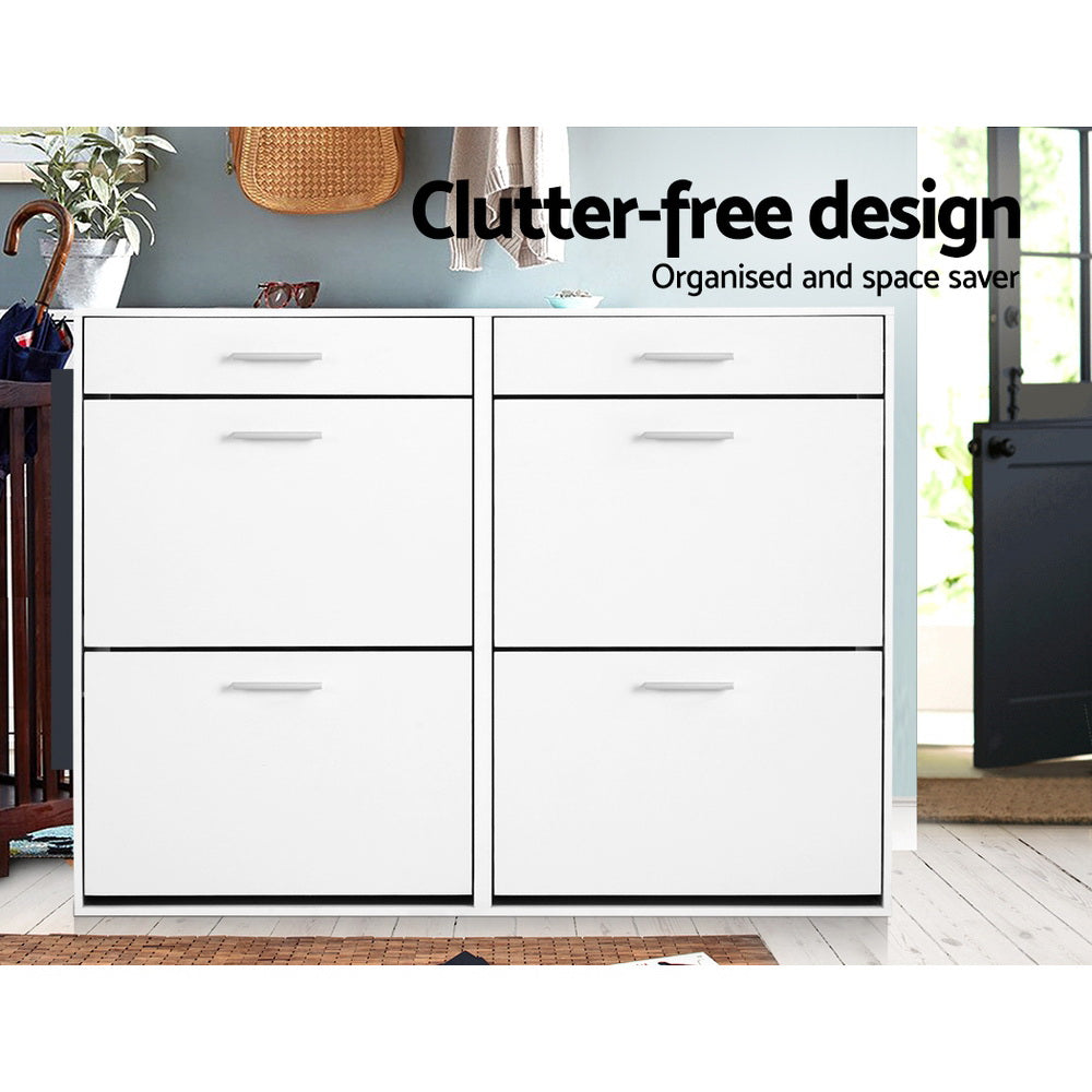White shoe storage cabinet with four drawers and open shelf compartments for shoes