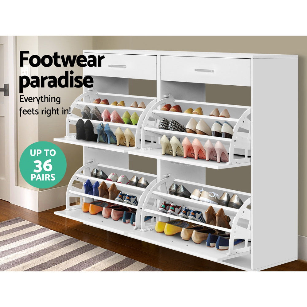 White shoe rack cabinet with multiple open tiers holding pairs of shoes