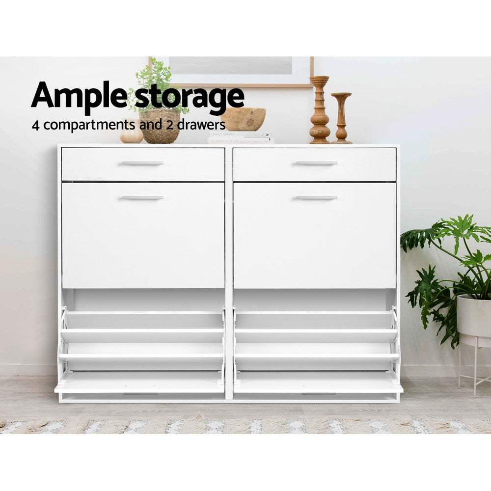 White shoe storage cabinet with four compartments, two drawers, and adjustable shelves