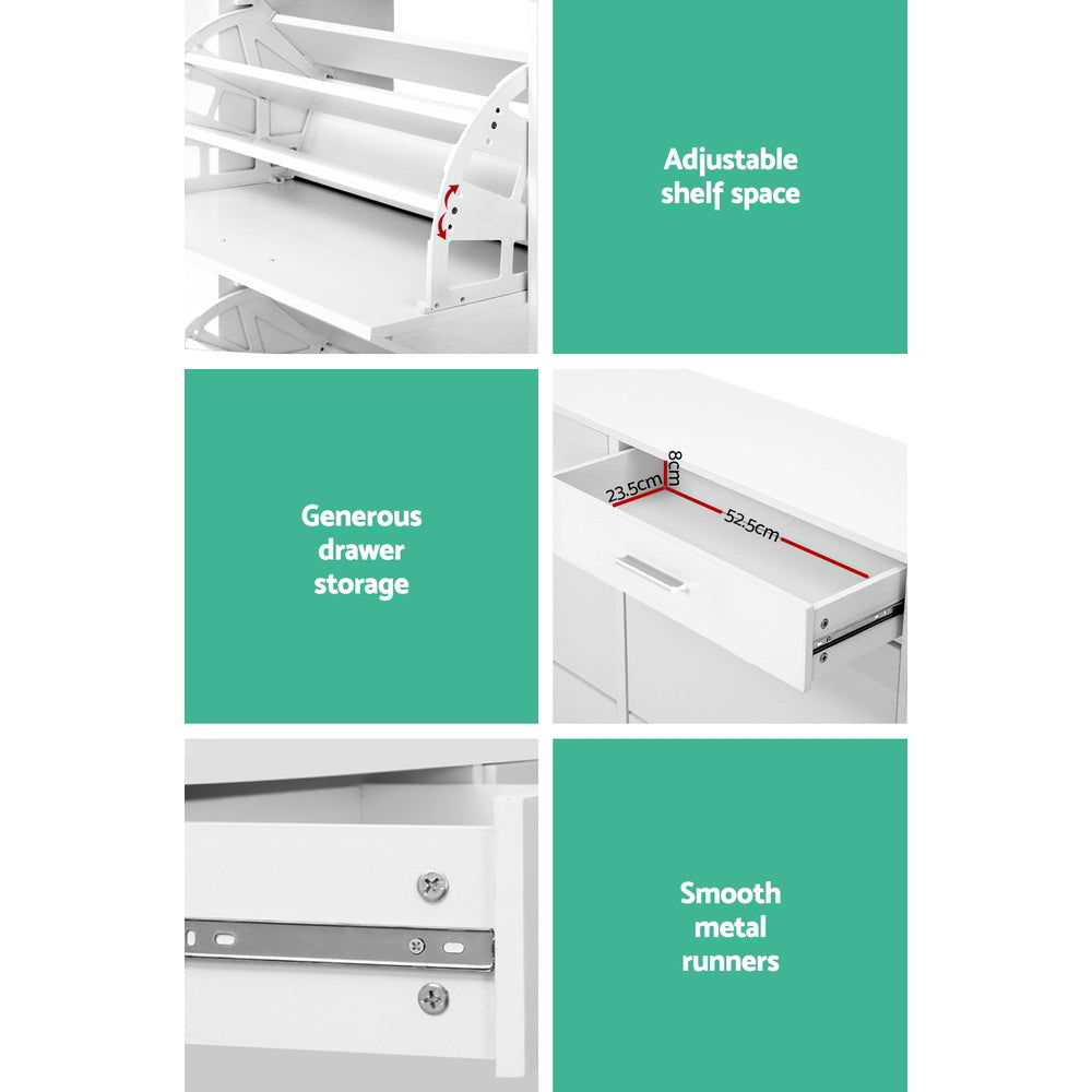 White shoe cabinet detail showing adjustable shelf track, drawer storage, and metal runners
