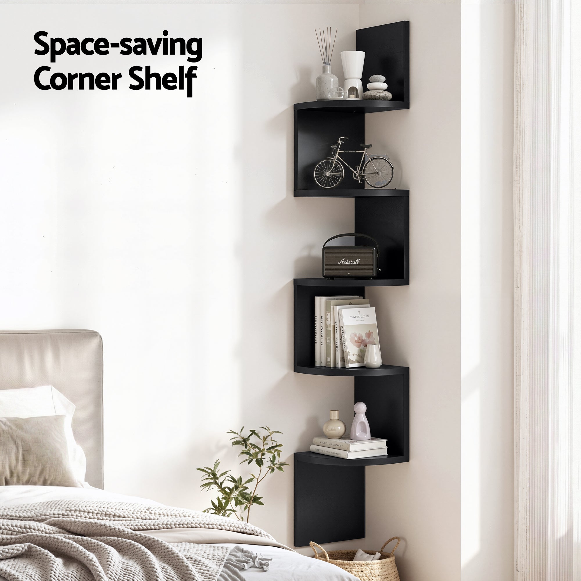 Artiss Wall Shelf Bookshelf Corner Floating 5-Tier Black Bedworld