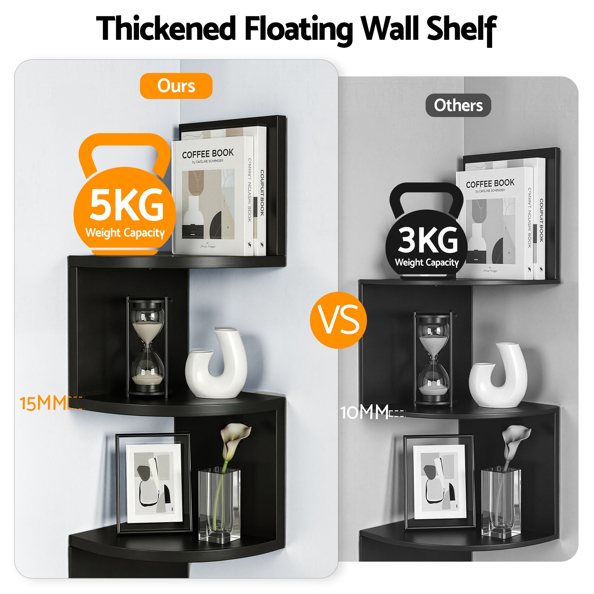 Artiss Wall Shelf Bookshelf Corner Floating 5-Tier Black Bedworld