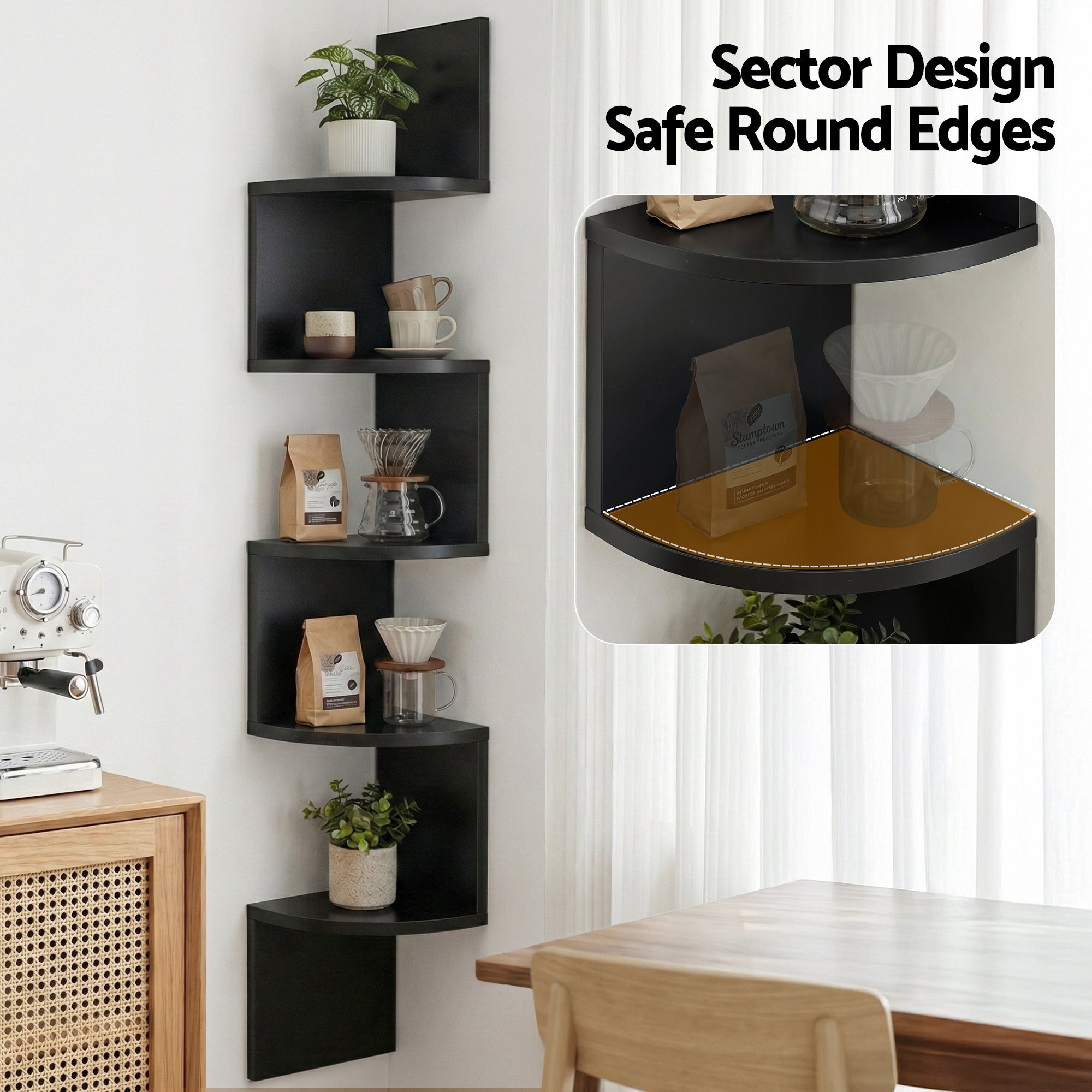 Artiss Wall Shelf Bookshelf Corner Floating 5-Tier Black Bedworld