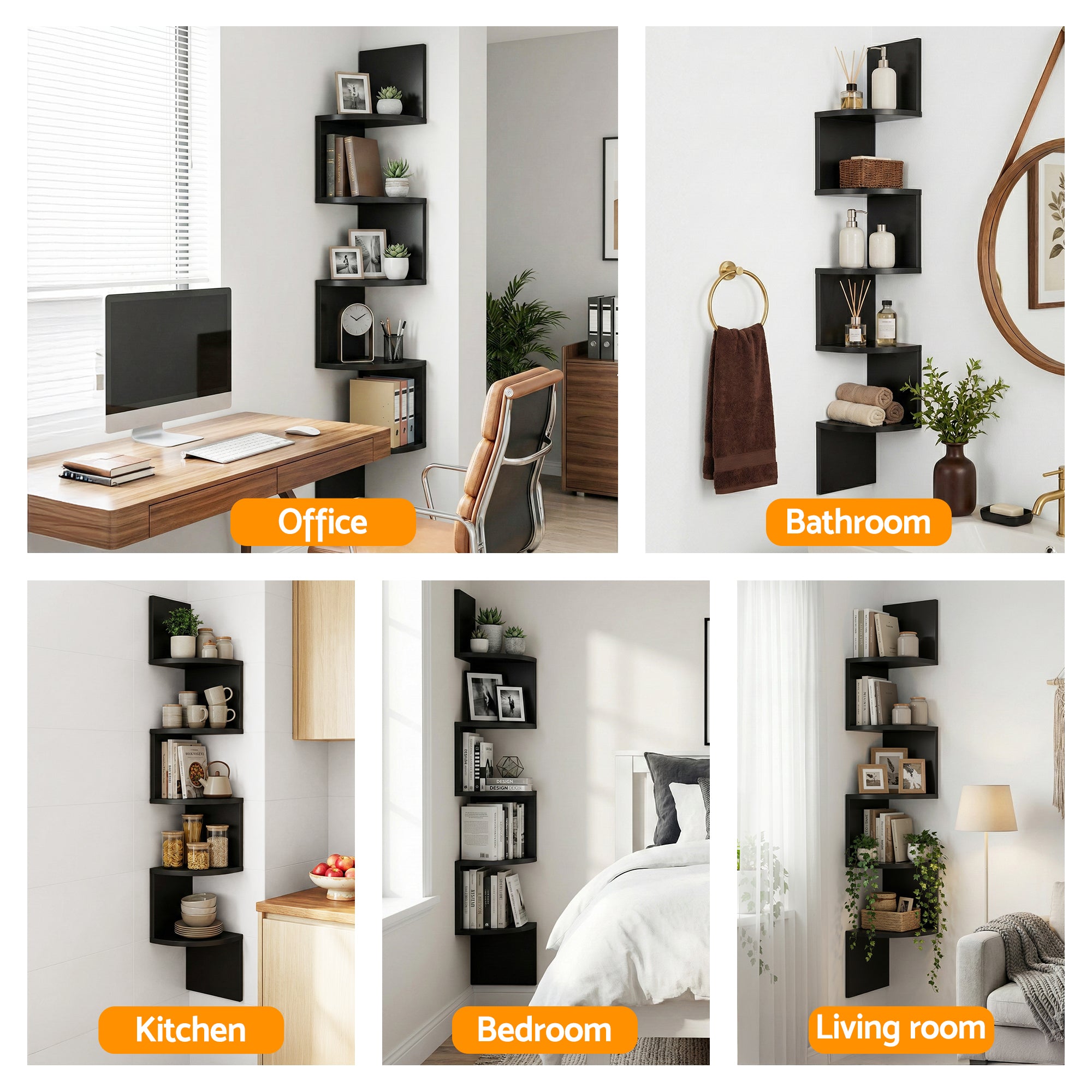 Artiss Wall Shelf Bookshelf Corner Floating 5-Tier Black Bedworld