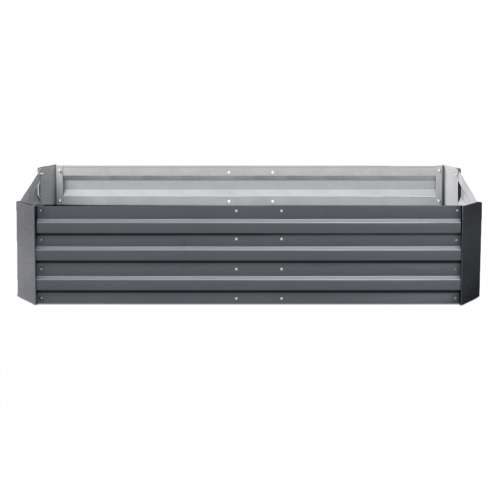 Raised garden planter box with slatted sides and open interior, dark gray steel