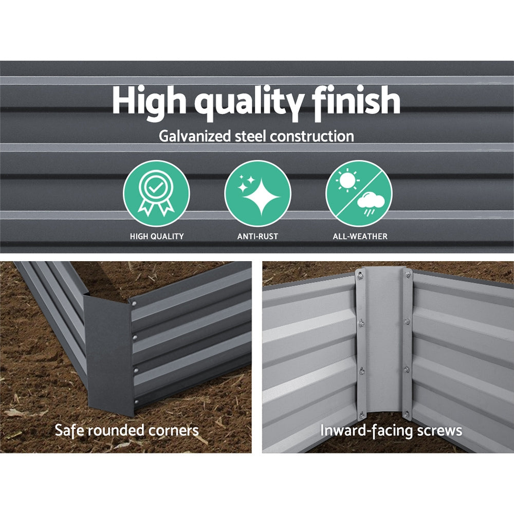Raised garden bed with slatted galvanized steel sides and inward-facing screws, dark gray