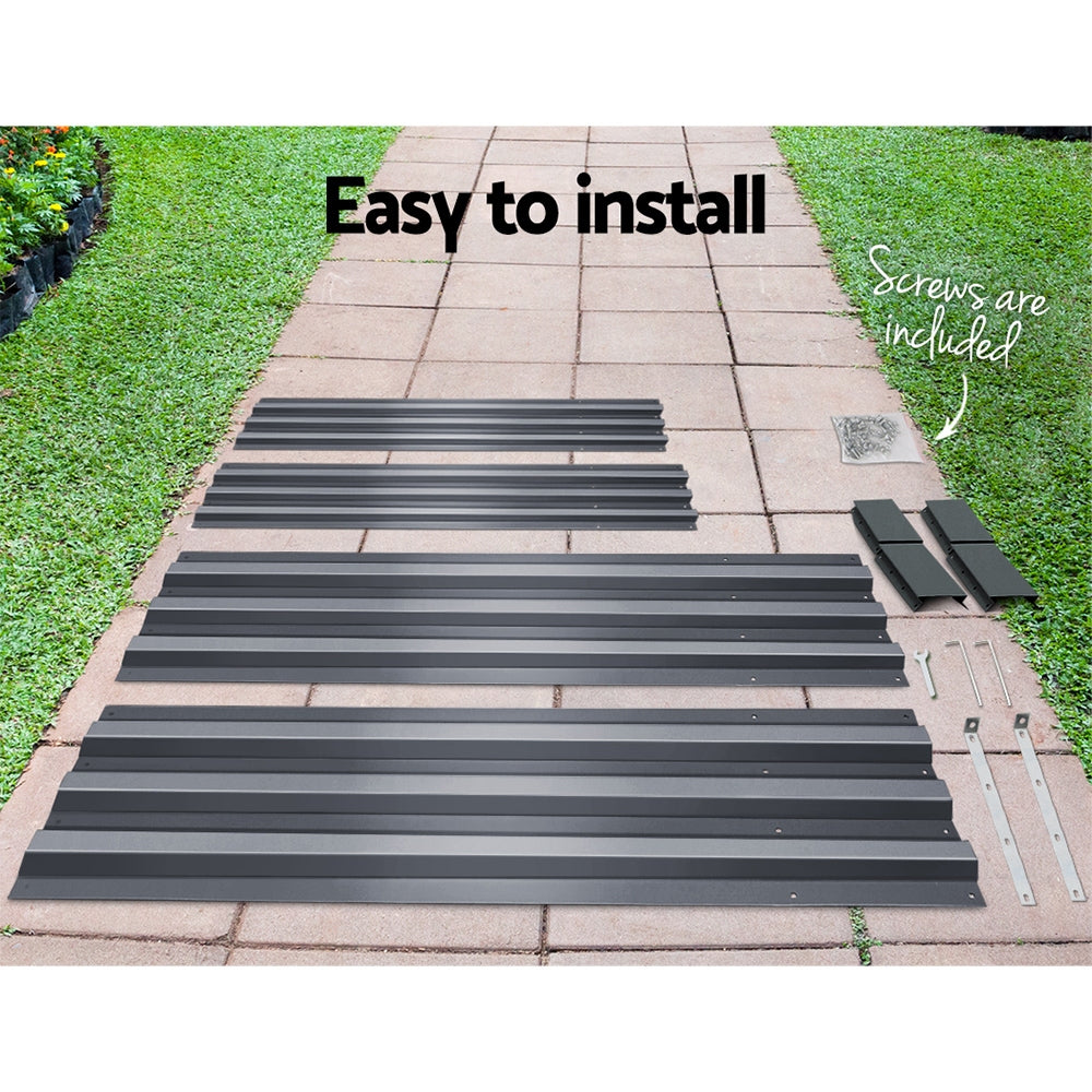 Raised garden bed panels laid out with screws and brackets, dark gray steel