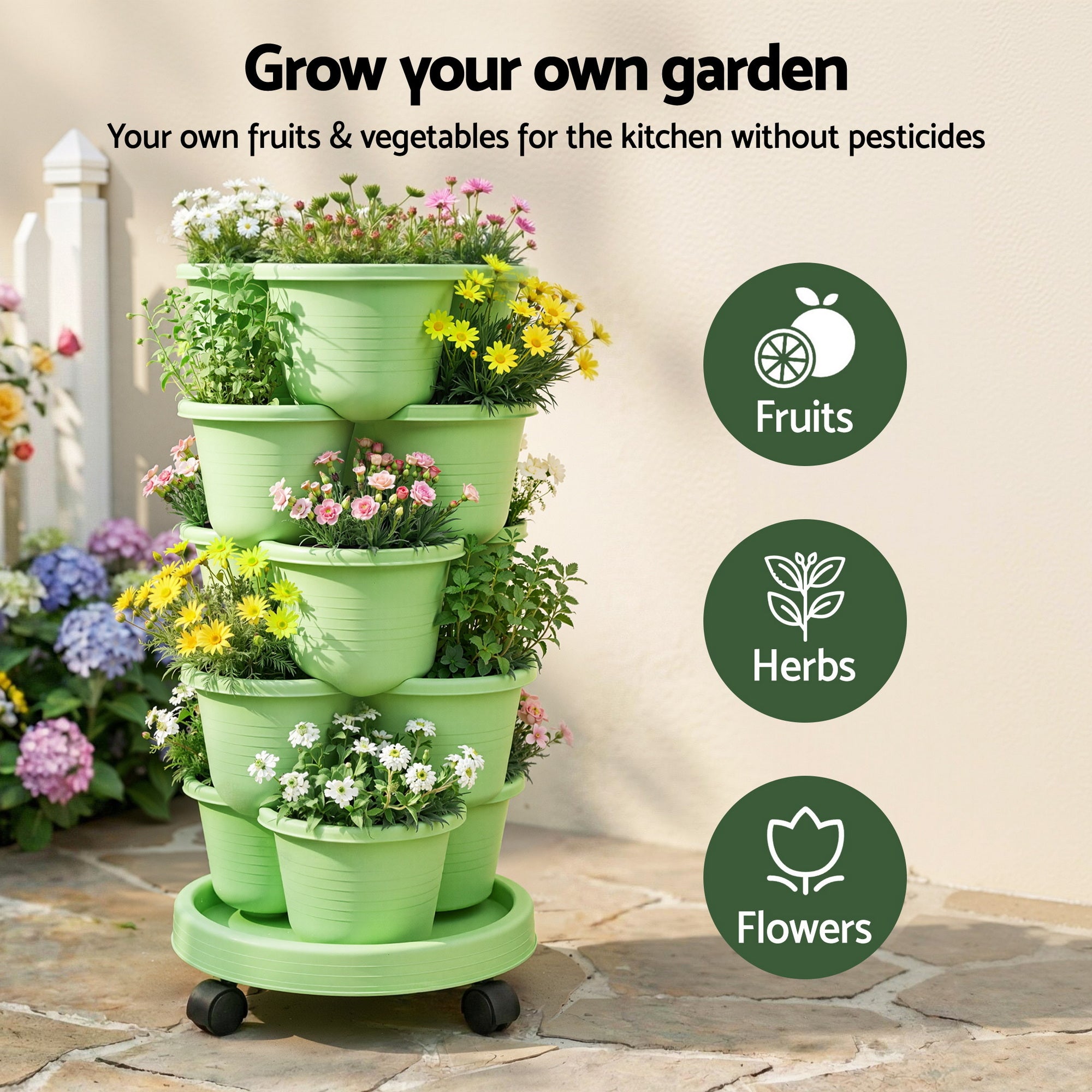 Green Fingers 5 Tier Vertical Garden Planter, Stackable Planters with Wheels, Light Green, Garden Bed, Garden Tower Indoor Outdoor, Auto Drainage System, for Strawberries, Herbs, Flowers, Vegetables