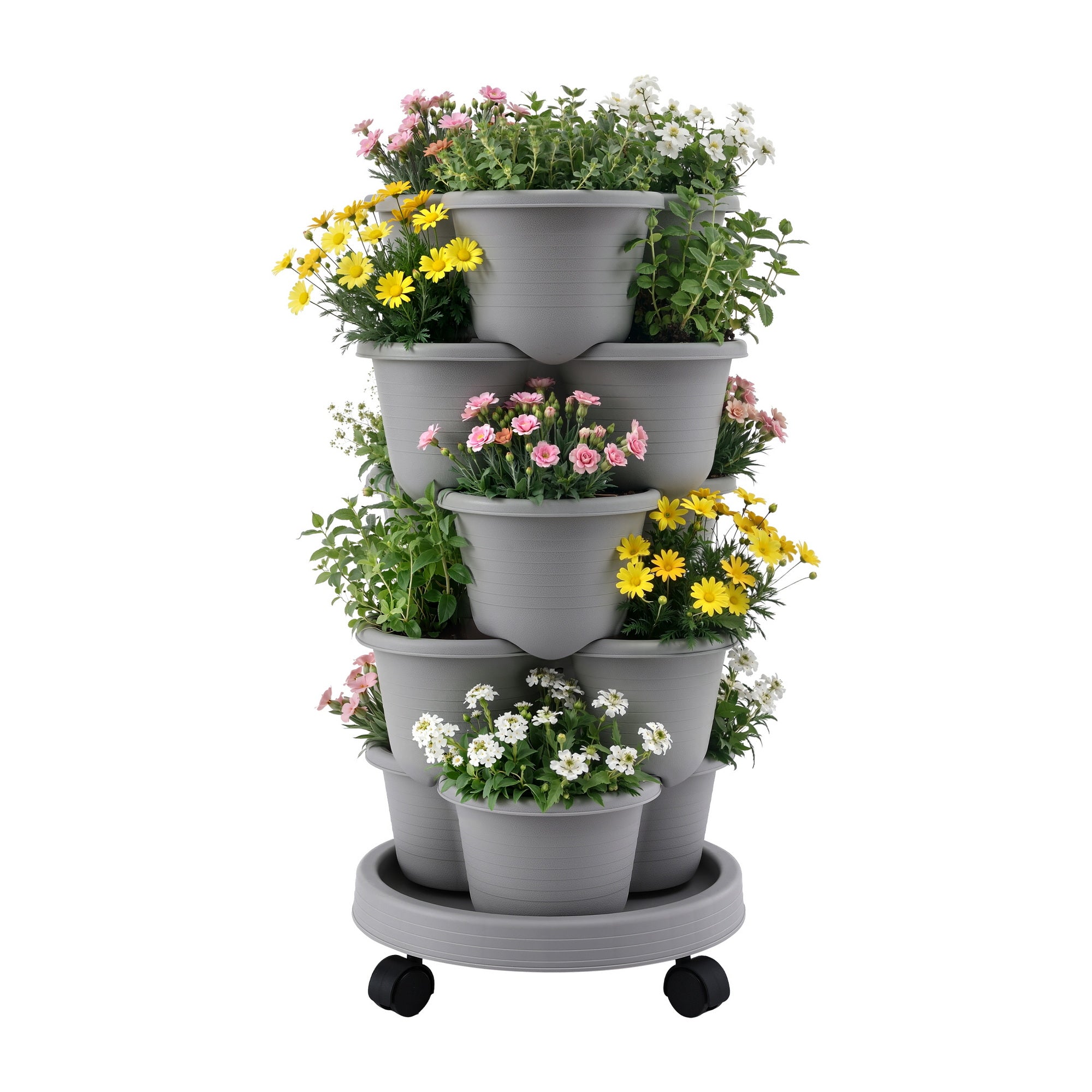 Green Fingers 5 Tier Vertical Garden Planter, Stackable Planters with 4 Wheels, Grey, Raised Garden Bed, Garden Tower Indoor Outdoor, Auto Drainage System, for Strawberries, Herbs, Flower, Vegetables
