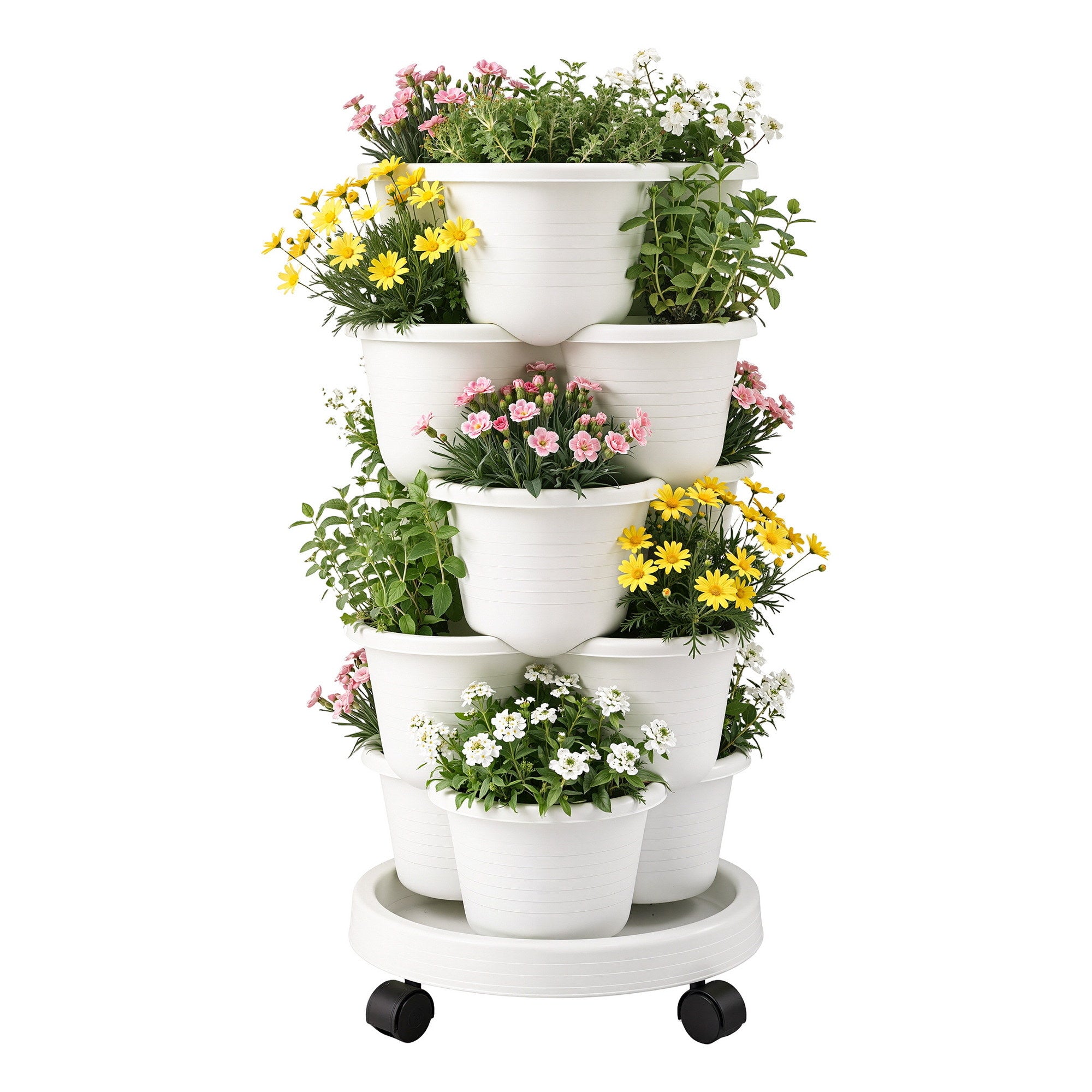 Green Fingers 5 Tier Vertical Garden Planter, Stackable Planters with Wheels, White, Garden Bed, Garden Tower Indoor Outdoor, Auto Drainage System, for Strawberries, Herbs, Flowers, Vegetables