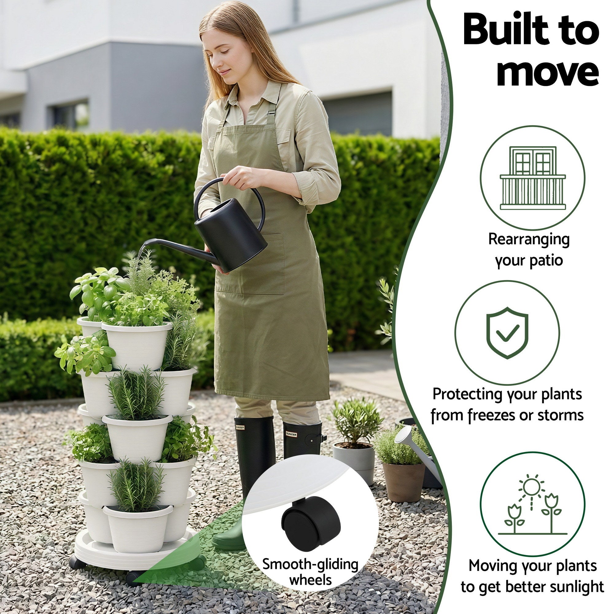 Green Fingers 5 Tier Vertical Garden Planter, Stackable Planters with Wheels, White, Garden Bed, Garden Tower Indoor Outdoor, Auto Drainage System, for Strawberries, Herbs, Flowers, Vegetables