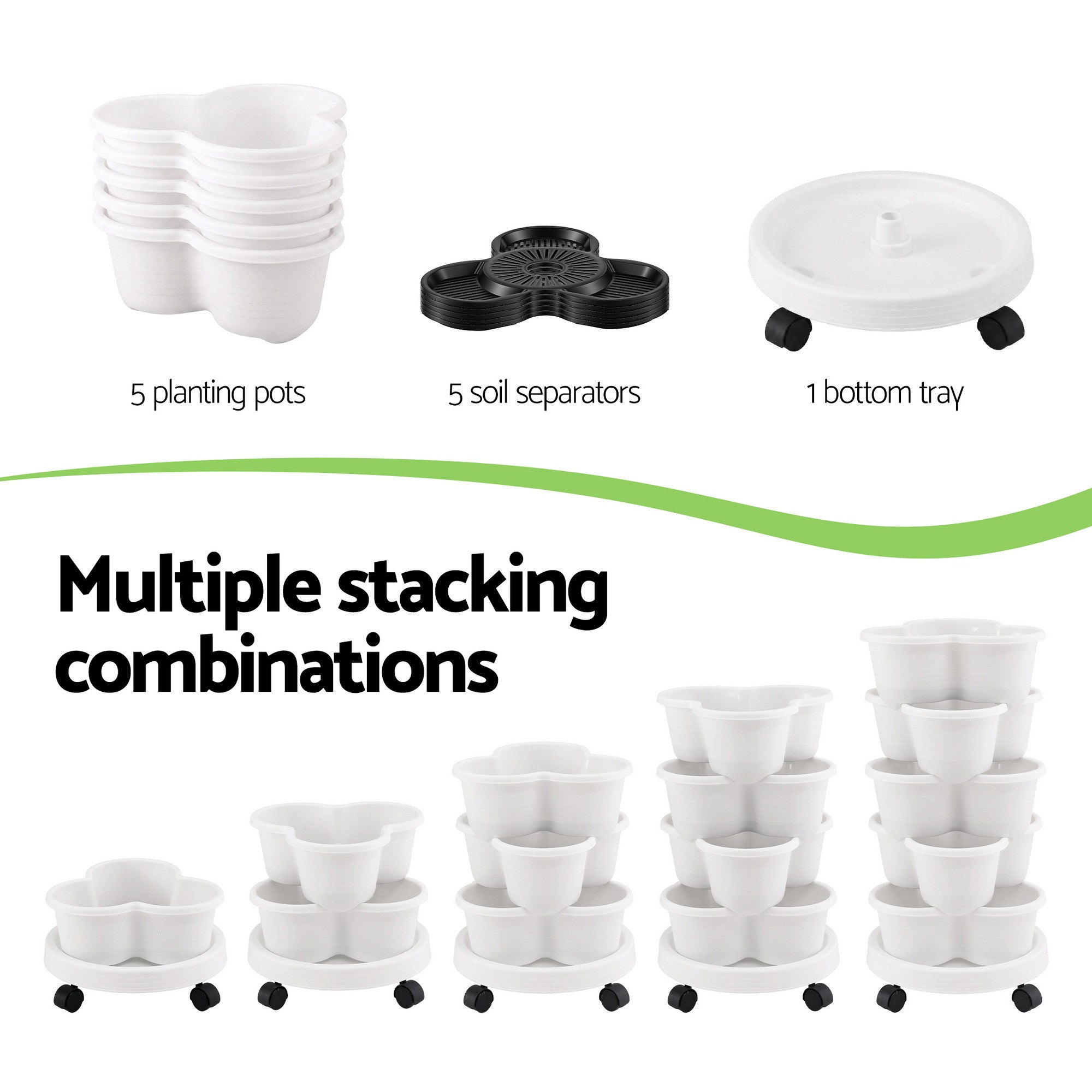 Green Fingers 5 Tier Vertical Garden Planter, Stackable Planters with Wheels, White, Garden Bed, Garden Tower Indoor Outdoor, Auto Drainage System, for Strawberries, Herbs, Flowers, Vegetables