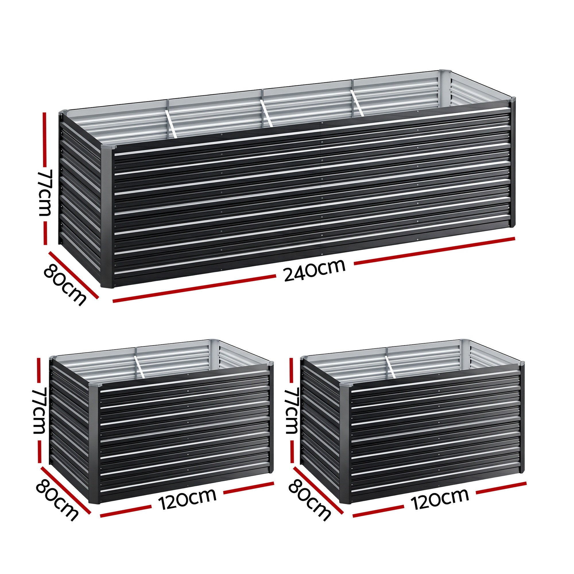 Raised garden bed with black slatted panels and grey corner posts, length and depth labels