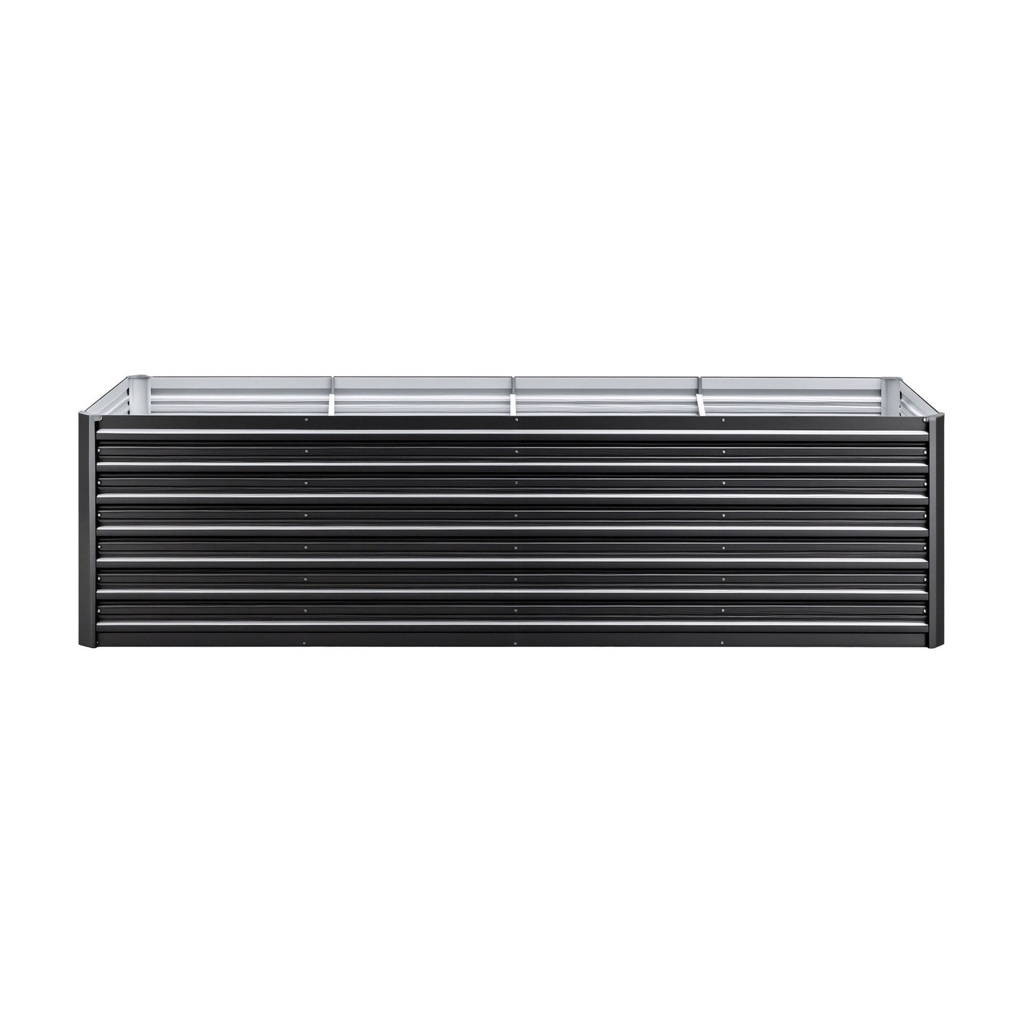 Long raised garden planter box with grey top frame and horizontal slats, open base