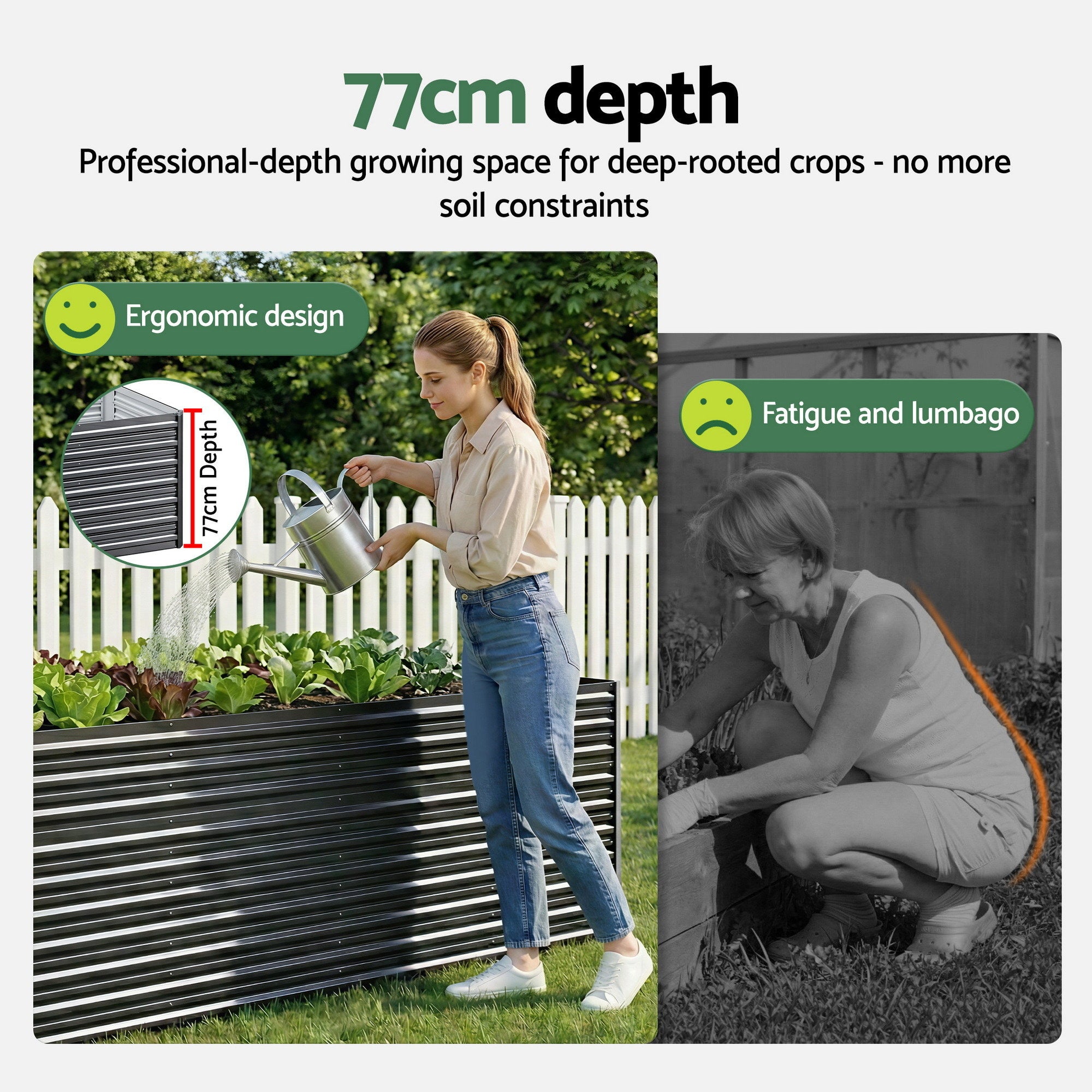 Raised planter box with deep grey frame and dark slatted sides, shown with size callouts