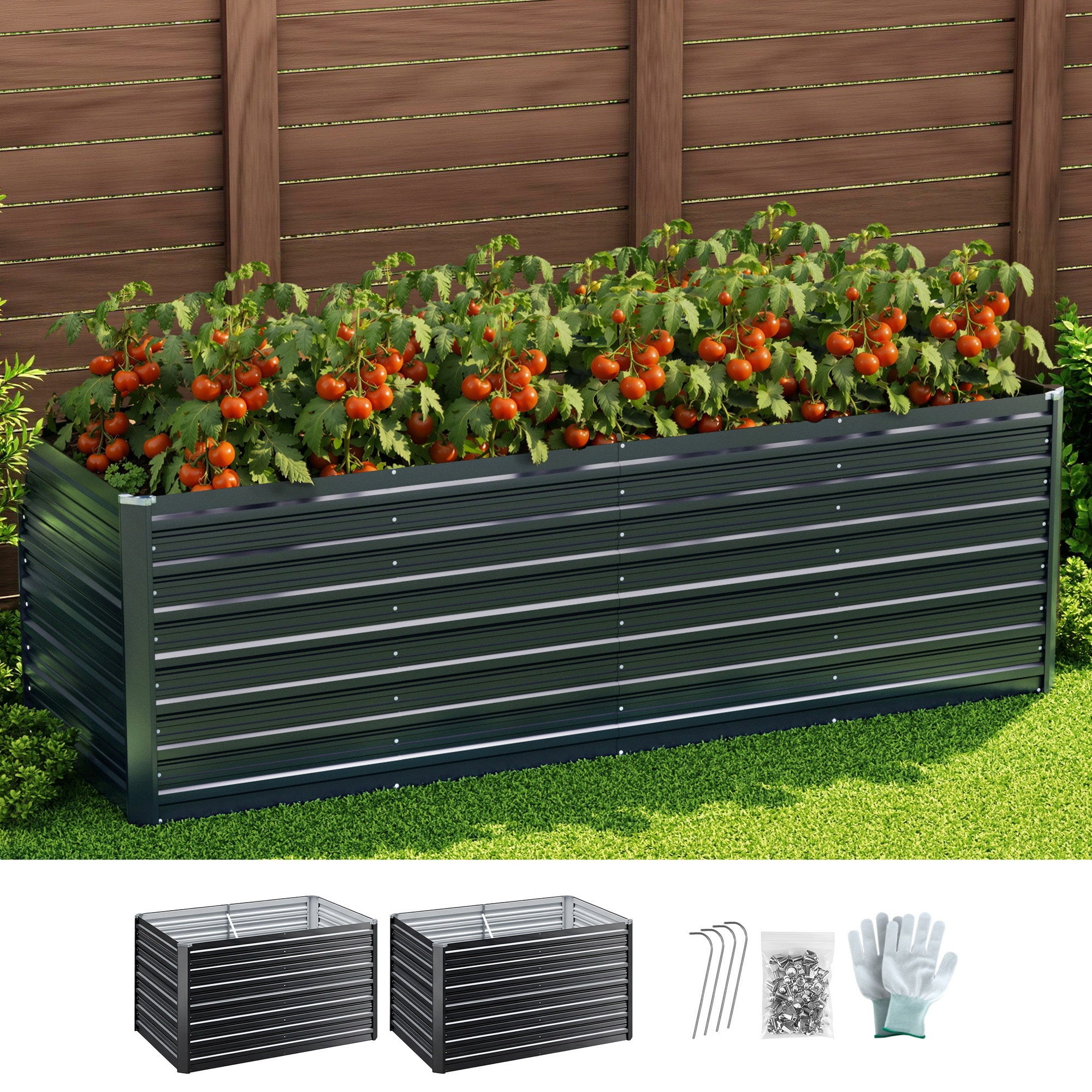 Raised garden bed filled with strawberry plants, dark slatted sides and grey top rail