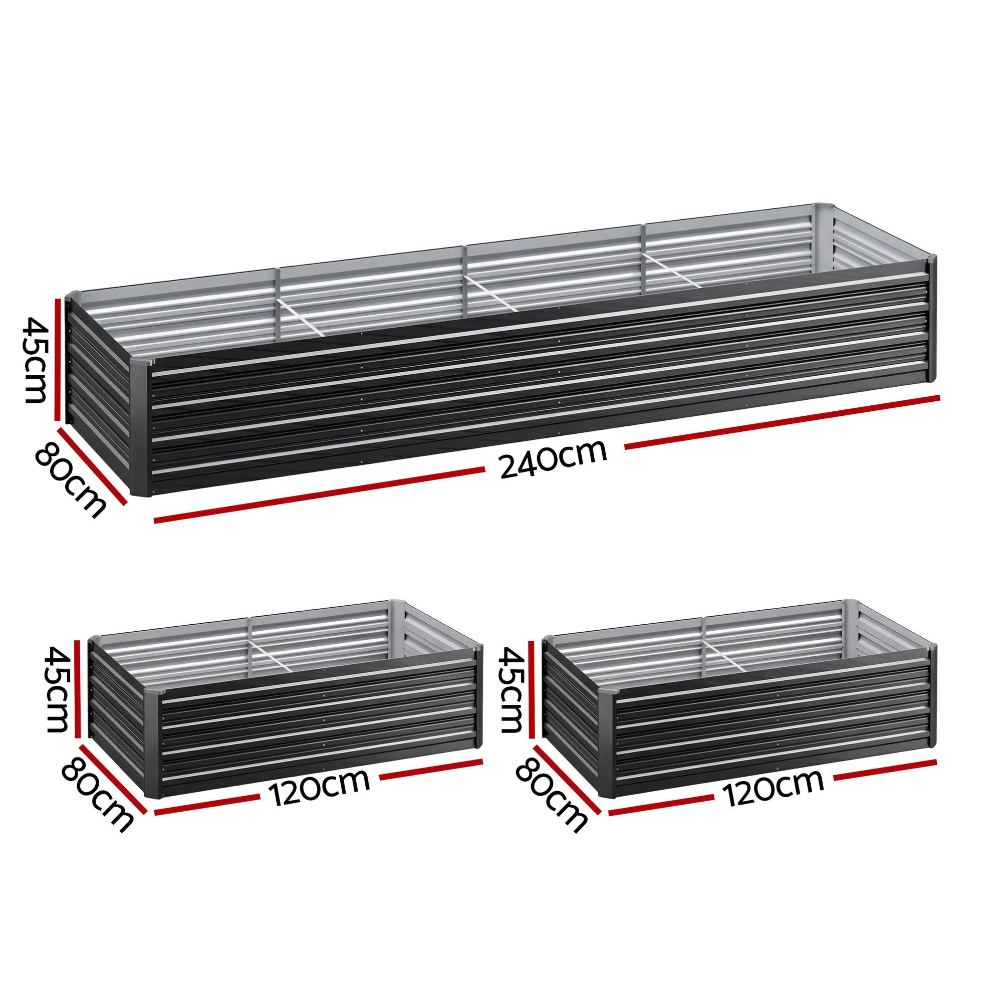 Raised metal garden bed frame with slatted sides and internal support bars, open base